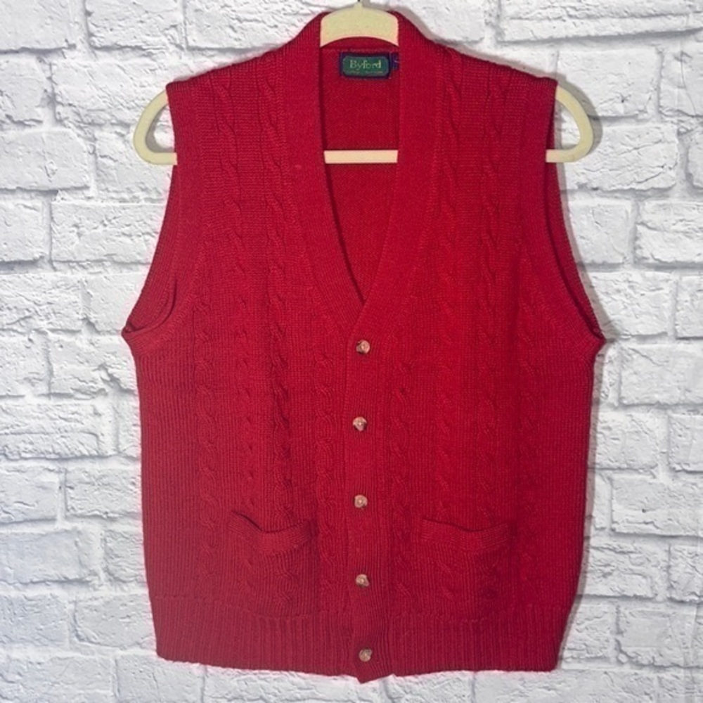 Vintage Byford 100% Wool Button Up Grandpa Cable Knit Cardigan Sweater Vest